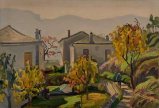 Zagora, Houses and Yellow Trees — Oil painting, Canvas, 46.00×65.00cm — Theodoros Markellos